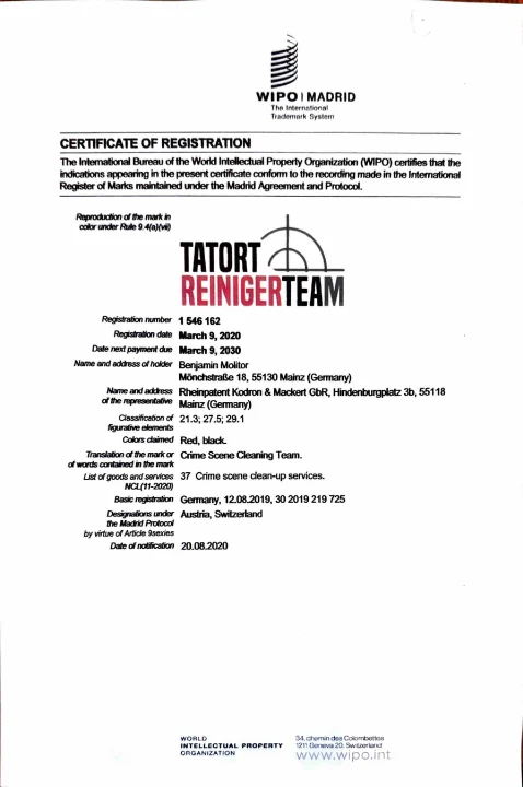 Zertifikat Tatortreinigung